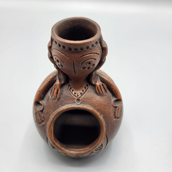 Vintage Signed Terracotta Folk Art Handcrafted Clay Incense Burner Female Figure - Picture 14 of 15